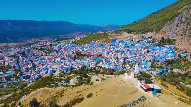 Aerial Drone View of Chefchaouen Blue City in Morocco, 4K