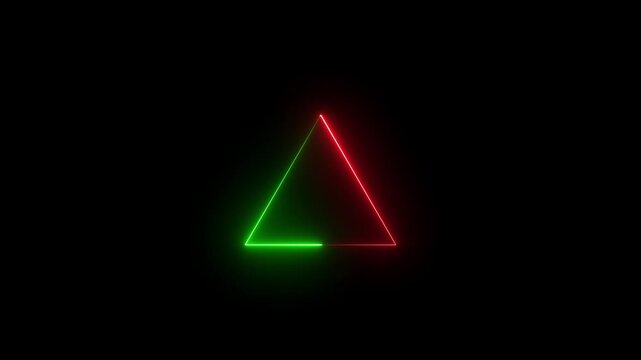 Abstract red and green neon line triangle icon animation on black background.4k video