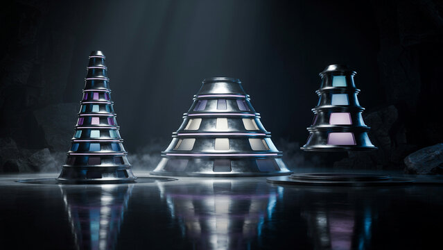 Three tiered conical metallic structures with glowing light panels arranged on a dark reflective floor inside a dim cavernous environment with fog