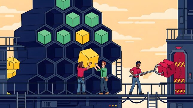 Workers organizing colorful cubes into a honeycomb structure and removing defective parts