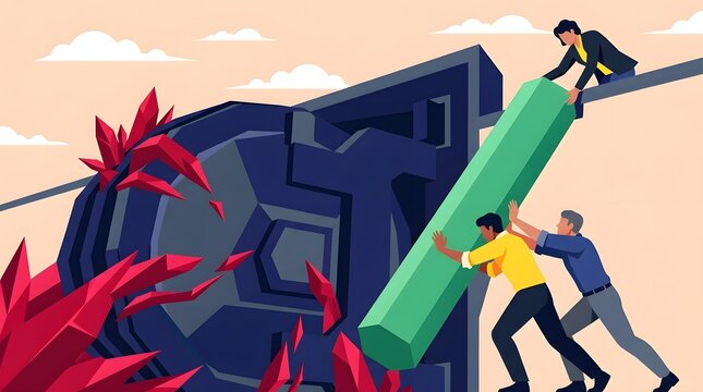 Business team installing giant green fuse to repair broken electrical machine vector illustration   