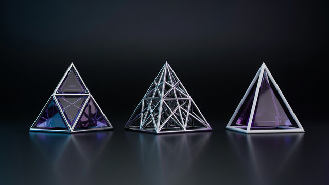 Three triangular pyramid structures with metallic frames and translucent glass panels, arranged in a row on a dark surface against a black background