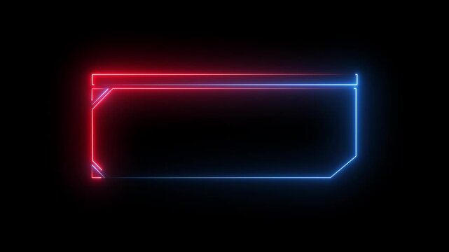 Glowing frame elements trace blue and red neon lines across black background . Motion graphics production packages incorporate this neon frame asset. 4k animation video 