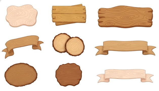 A versatile collection of rustic wooden design elements, featuring tree slice cross-sections, wooden banners, planks, and blank signboards with natural wood grain textures.