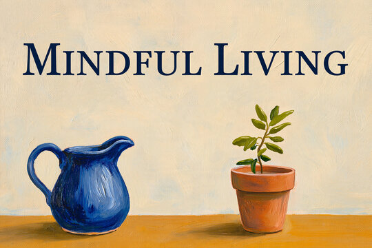 Mindful Living Message with Blue Ceramic Pitcher and Potted Plant in Post Impressionist Oil Painting