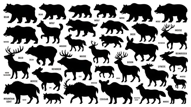 Collection of African wild animals black silhouettes - rhinoceros elephant zebra horse deer lion