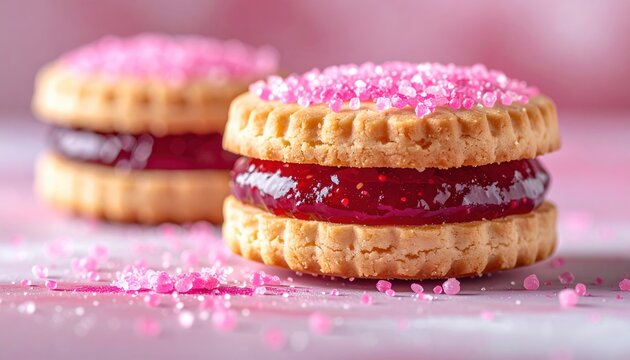 Sweet jam sandwich cookie decorated with pink sugar crystals, bakery treat