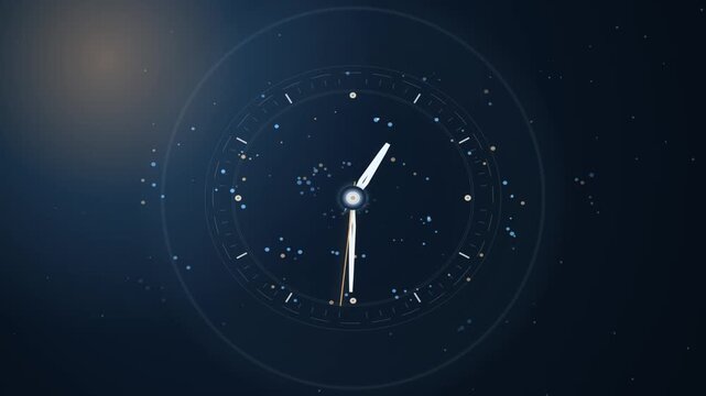 Futuristic celestial clock dial ticking with glowing particles on dark cosmic background loop