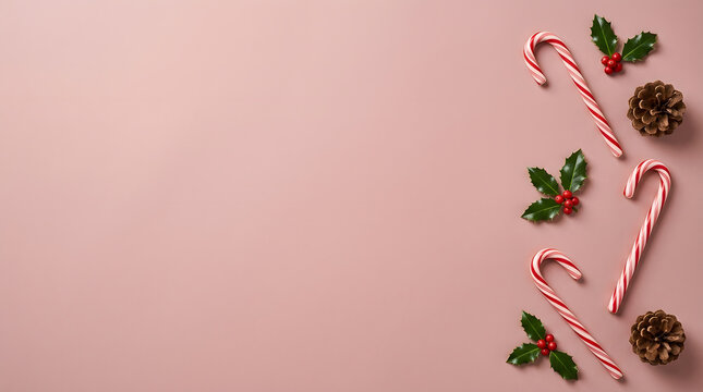 Festive christmas decorations with candy canes holly and pinecones on a pink background