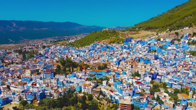 Aerial Drone View of Chefchaouen Blue City in Morocco, 4K