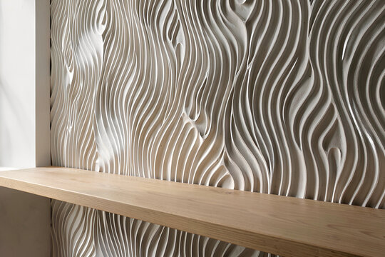 Interior wall featuring sculptural parametric wallpaper and a matte wood ledge lit by diffused daylight