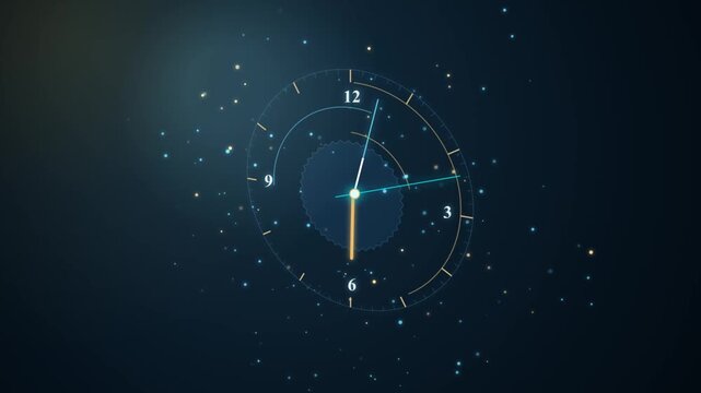 Futuristic digital clock animation with glowing hands and particles on dark blue background