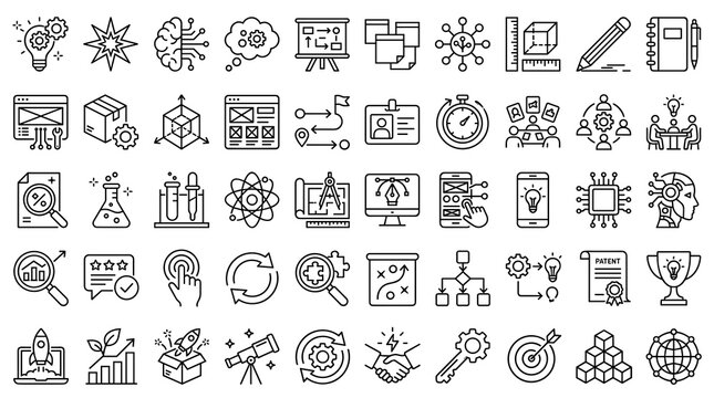 Modern Innovation and Design Thinking Outline Icons Featuring Brainstorming Prototypes Research Creativity Technology and Product Development