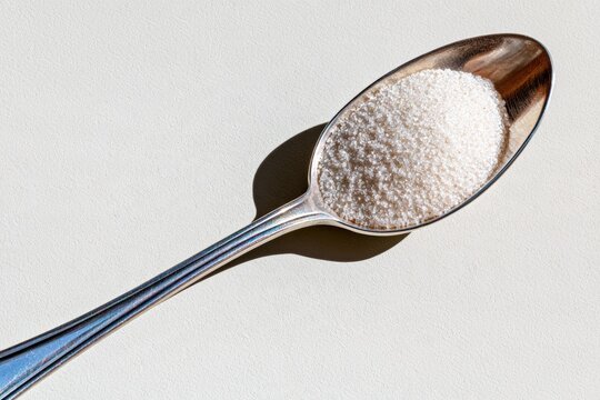 Close-up of teaspoon filled with granulated sugar casting a warning shadow about health risks of sugar consumption