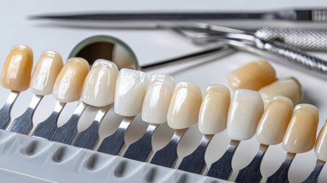 Collection of ceramic teeth displayed on dental shade guide with tools and mirrors