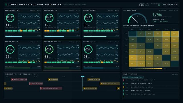 A detailed multi-region cloud reliability dashboard visualizes service health, latency metrics, and infrastructure incidents with dynamic updates and colorful status indicators.