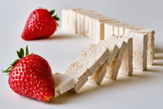 Long row of sugar cubes falling like dominoes with a strawberry in a studio setting