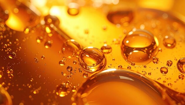 Golden amber oil droplets containing tiny bubbles, abstract liquid texture