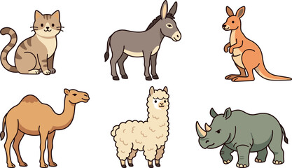 Fototapeta premium Cute Wild and Domestic Animals Cartoon Vector Set Featuring Kawaii Cat Kangaroo Camel Alpaca and Rhino for Kids Graphic Designs and Nursery Illustrations