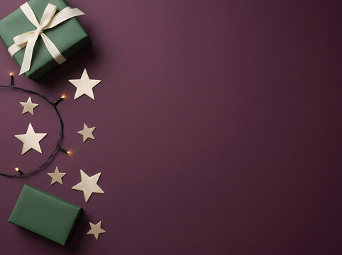 Festive gifts and shining stars on a deep burgundy background for holiday celebrations