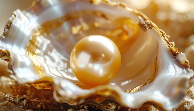 Lustrous golden pearl nestled inside textured oyster shell, luxury marine treasure