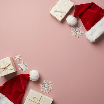 Festive christmas scene with gifts santa hats and snowflakes on a pink background