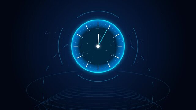 Futuristic Glowing Blue Digital Clock Animation Loop With Rotating Hands On Dark Neon HUD Display