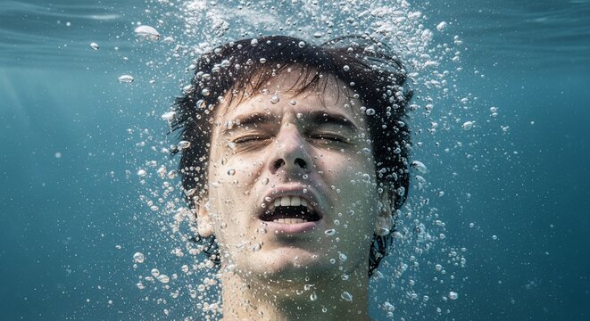 Young man drowning underwater surrounded by bubbles
