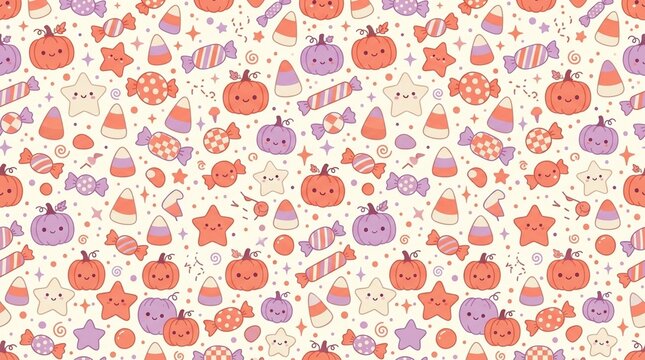 Halloween candy and kawaii pumpkin repeating pattern