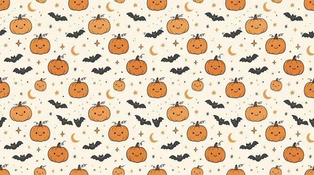 Halloween pattern with smiling pumpkins, bats, stars, and crescent moons