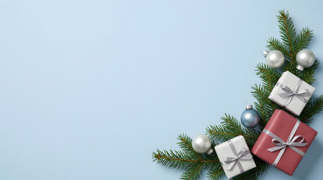 Festive christmas corner with gifts ornaments and evergreen branches on a light blue background
