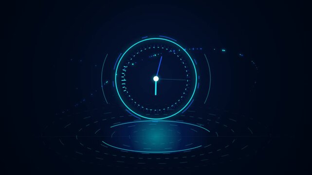 Futuristic Glowing Neon HUD Digital Clock Interface Animation With Rotating Hands In Blue Light