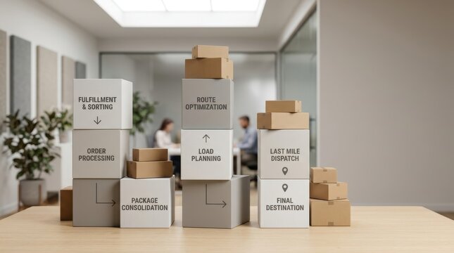 Stacked cardboard boxes illustrating a supply chain and logistics process including fulfillment, order processing, route optimization, and final destination in a modern office environment