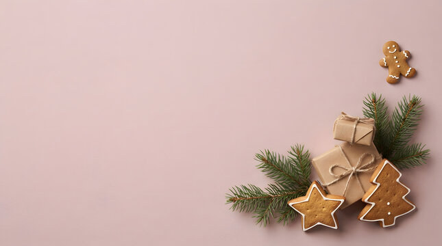 Festive christmas arrangement with gifts gingerbread and evergreen branches on a pink background