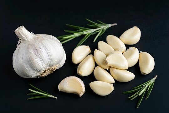 Fresh garlic bulbs, peeled cloves, rosemary sprigs, and scattered spices arranged on a black background, highlighting natural ingredients for cooking and seasoning.