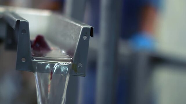 Metal chute washing poultry offal water stream. Closeup food factory line.