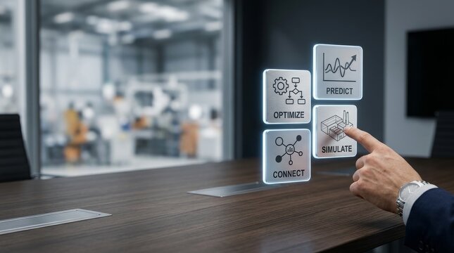 Hand touching interactive screen with icons for connect optimize simulate and predict industrial processes on futuristic dashboard