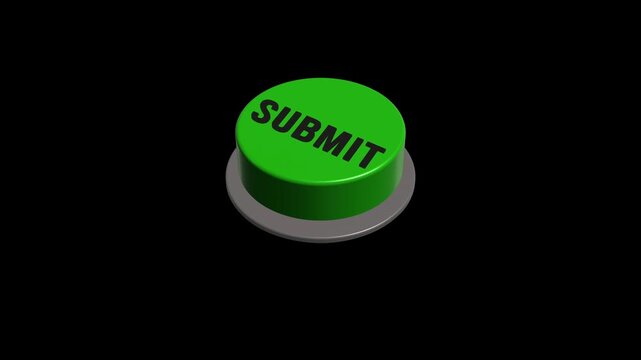 3D green submit button sliding and pressing animation on black background.