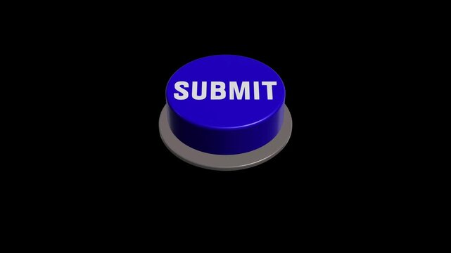 3D blue submit button sliding and pressing animation on black background.