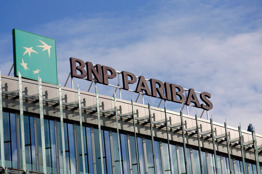 French multinational banking and financial services group BNP Paribas logo displayed on the rooftop of its headquarters building on July 20, 2026 in Poznan, Poland