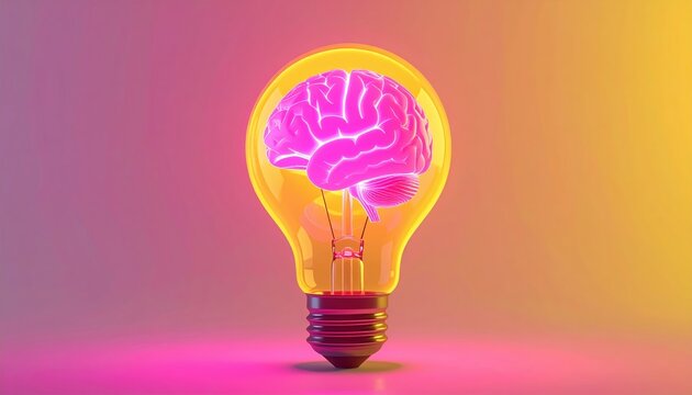 Pink human brain glowing inside yellow light bulb, intelligence and creativity