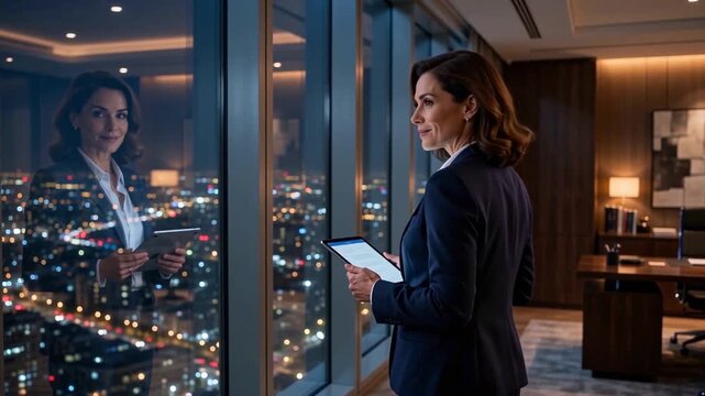 Elegant female CEO standing at glass window overlooking city at night, three-quarter view, city lights reflecting on glass, confident leadership corporate concept.