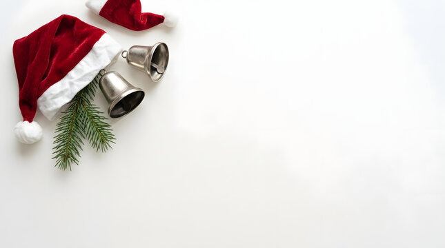 Festive christmas scene with santa hats silver bells and evergreen branch on white background