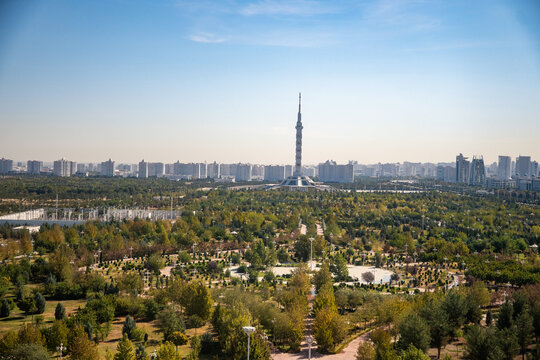 Overhead view of the Monument to the Constitution, from inside the Alem Center "Wheel of Enlightenment" indoor ferris wheel, in Ashgabat, Turkmenistan