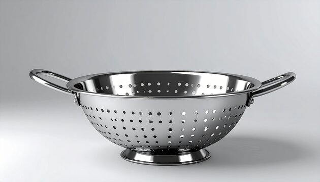 Shiny stainless steel colander with perforated bowl and long handle, kitchen tool