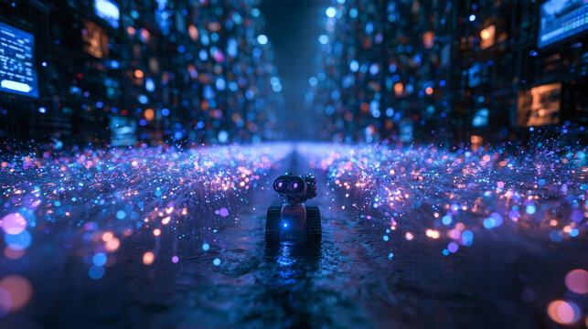 Futuristic Robot Navigating Illuminated Data Field in Cyberspace