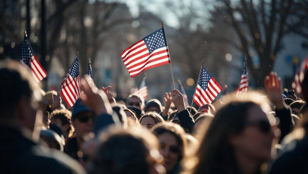 American Flags Held by Crowd at Outdoor Patriotic Rally