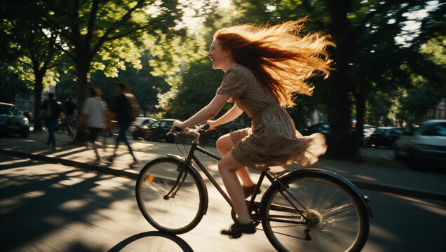 Carefree Redhead Woman Cycling Along City Street in Sunlight