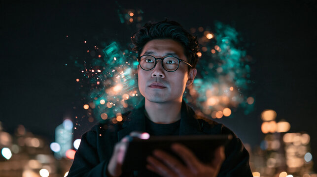 Asian Man Using Tablet with Futuristic Digital Data Hologram