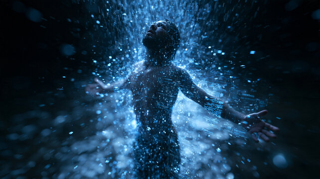 Man with Open Arms Standing Under Glowing Rain